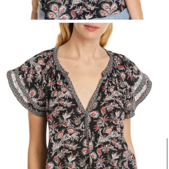 Joie Laurina Pattern Mic Flutter Sleeve Cotton Blend Top in caviar EUC - Picture 13 of 14